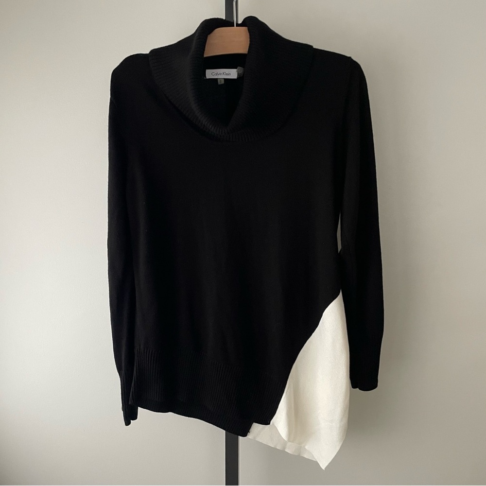Calvin Klein Black and White Asymmetrical Cowl Neck Sweater